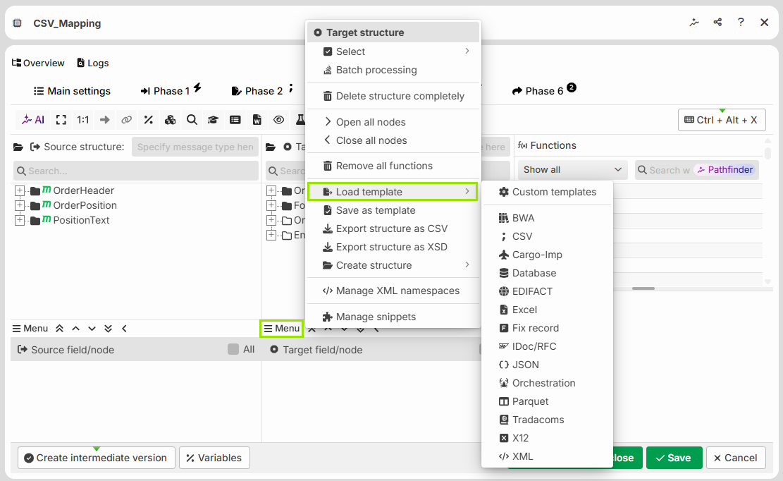Menu options for CSV mapping, including loading templates and exporting structures.